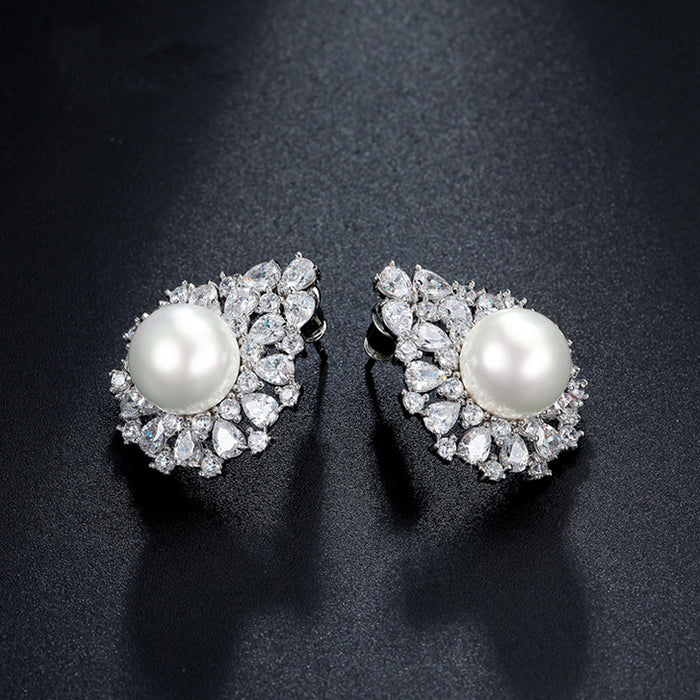 Designer Pearl & CZ Diamond Stud Wedding Earrings - The Wedding Garter