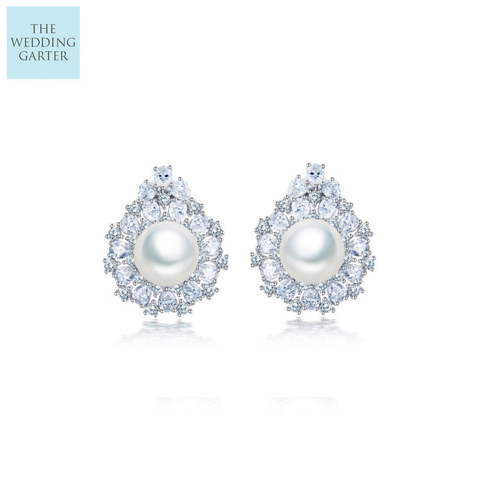 Designer Pearl & CZ Diamond Stud Wedding Earrings - The Wedding Garter