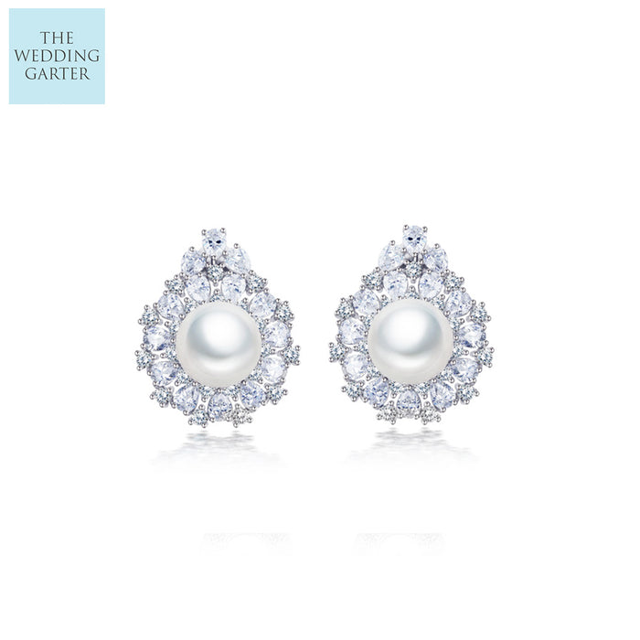 Designer Pearl & CZ Diamond Stud Wedding Earrings - The Wedding Garter