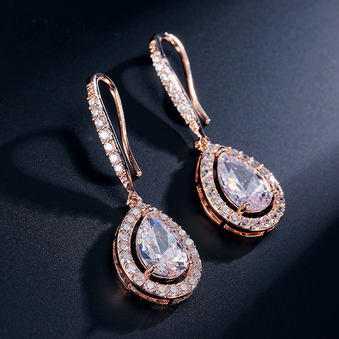 Devine Rose Gold Hook Back Tear Drop Wedding Earrings - The Wedding Garter