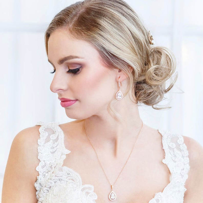 Devine Rose Gold Hook Back Tear Drop Wedding Earrings - The Wedding Garter