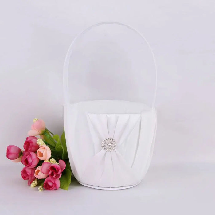 Diamond White Satin Wedding Basket For Flower Girls - The Wedding Garter