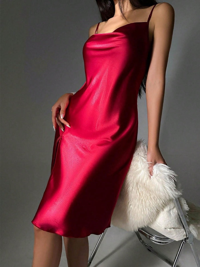 Draped Collar Slit Thigh Satin Cami Nightdress