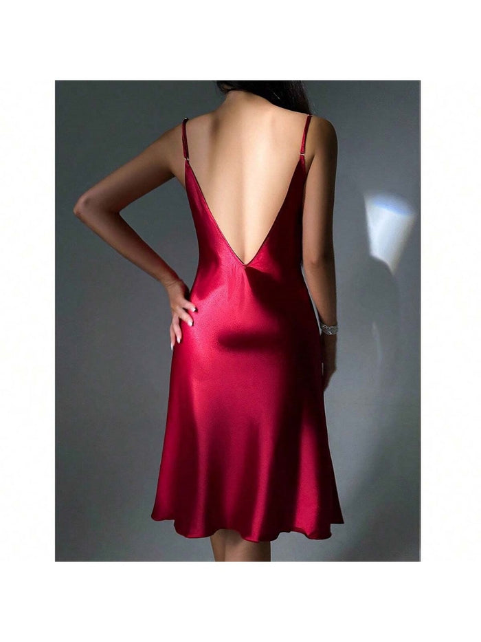 Draped Collar Slit Thigh Satin Cami Nightdress