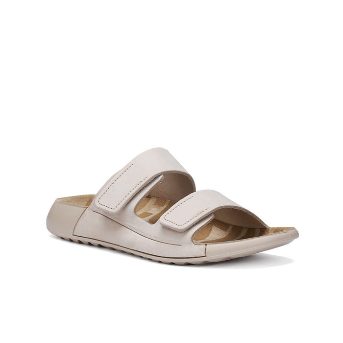 Beige leather slide sandals with two hook-and-loop straps