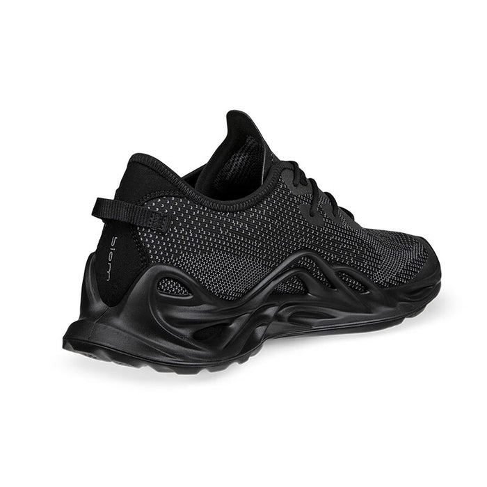 Black lace-up sneaker with textured knit upper, padded collar, and molded sole