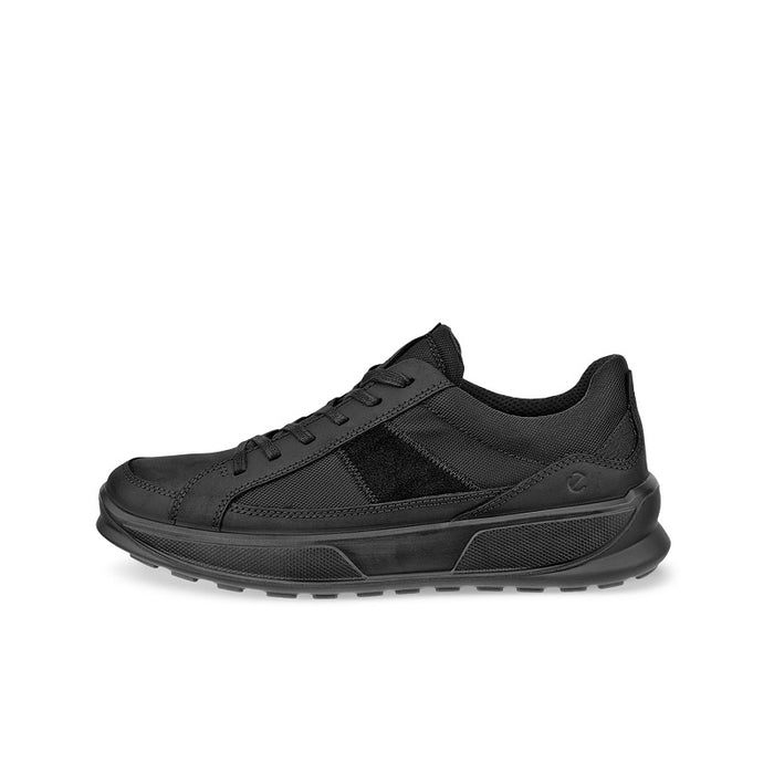Black men's lace-up sneaker, side view with low-profile sole