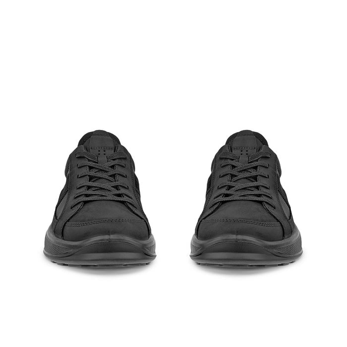 Black men's sneakers pair view from back, lace-up with cushioned heel