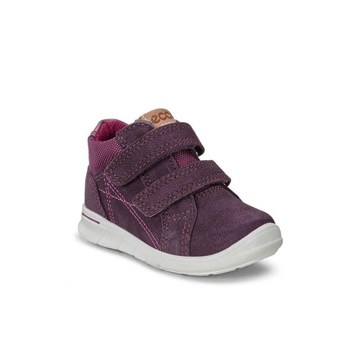 Kids purple suede boots with two hook-and-loop straps and white sole