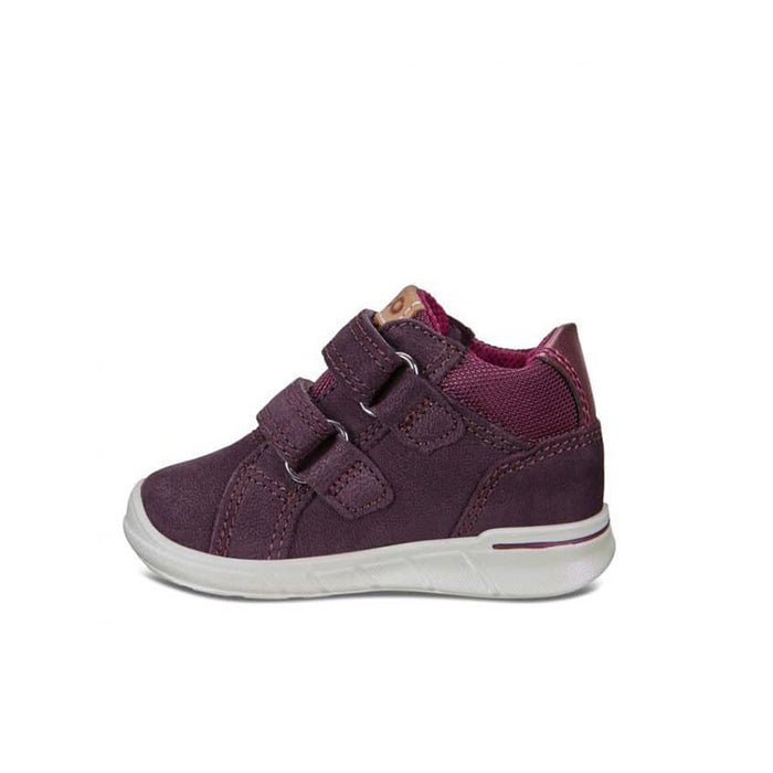 Kids purple outdoor sneakers with two adjustable straps and white rubber sole