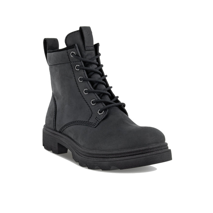 Women's lace-up ankle boots in black leather with chunky lug sole and heel tab