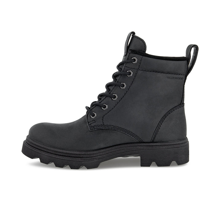 Women's waterproof lace-up ankle boots in black leather, lug sole and pull tab