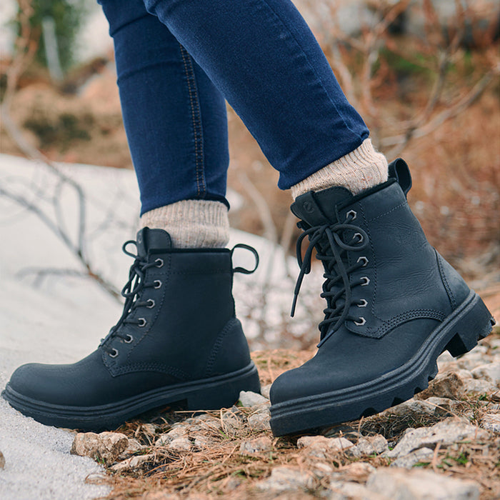 Women's waterproof lace-up ankle boots in dark leather with thick lug sole