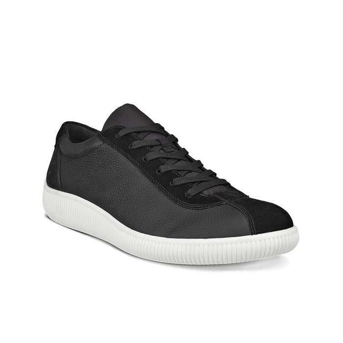 Black leather men’s sneakers with lace-up front and white ribbed sole