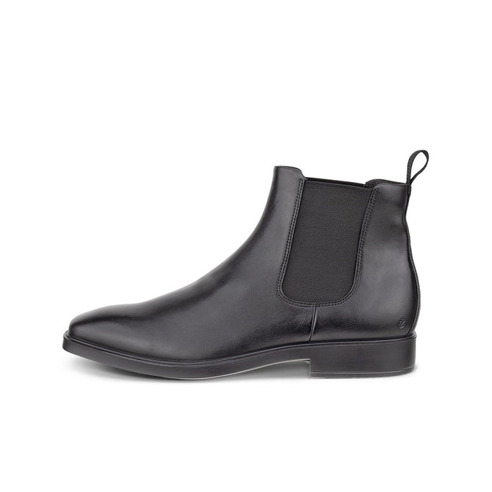 Black leather Chelsea slip-on boot with elastic side panel and pull tab