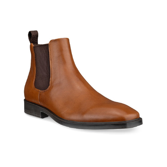 Brown leather Chelsea slip-on boot with elastic side gore and low block heel