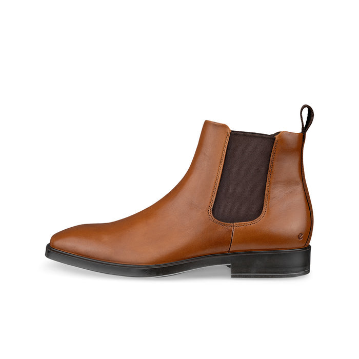 Brown leather Chelsea boot with elastic side panel and low block heel