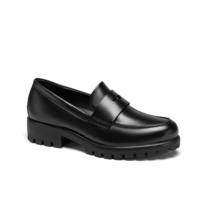 Black leather slip-on loafer with chunky lug sole, rounded toe.
