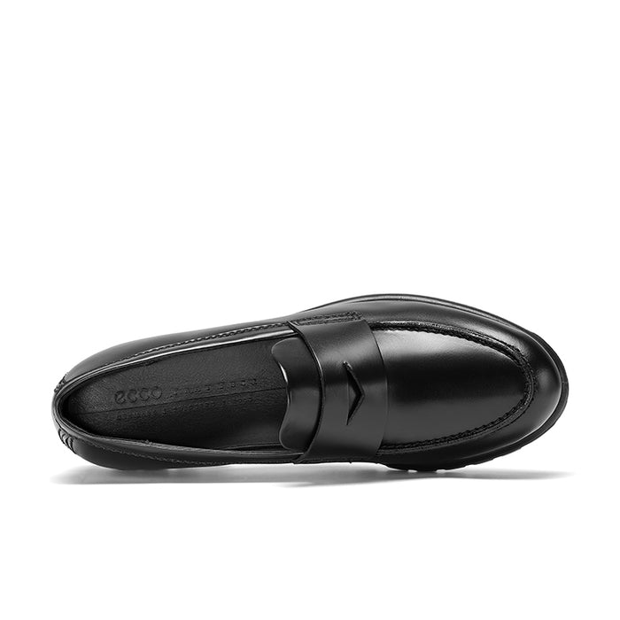 Black leather loafer with strap across vamp and smooth rounded toe.