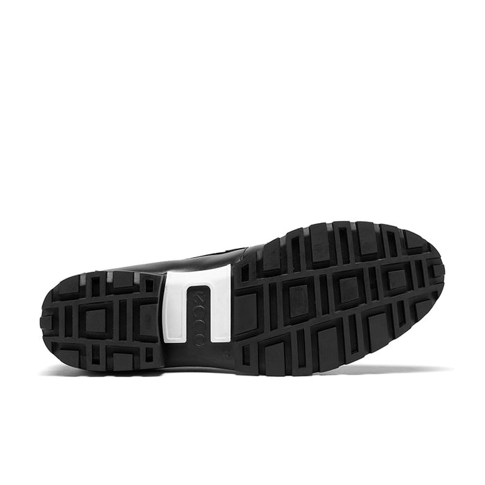 Black rubber outsole tread on a thick platform sole for a loafer.
