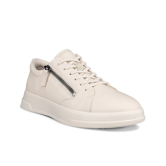 Beige leather low-top sneakers with lace-up closure and side zipper detail