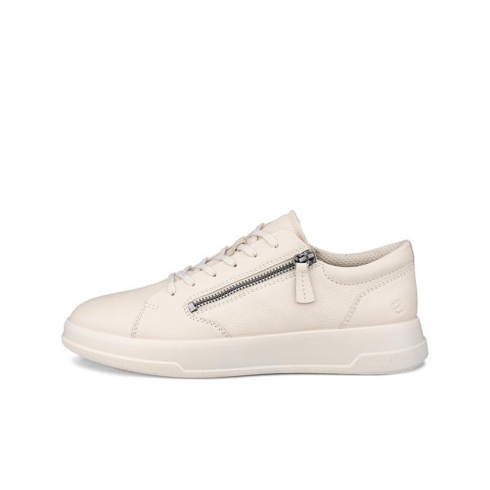 Beige low-top leather sneakers with lace-up front and side zipper