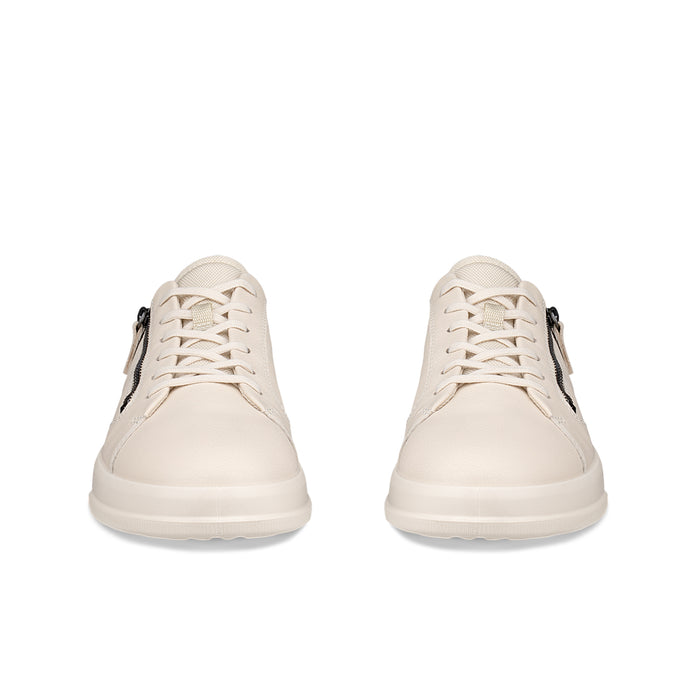 Beige leather sneakers, front-view pair with lace-up and low profile sole