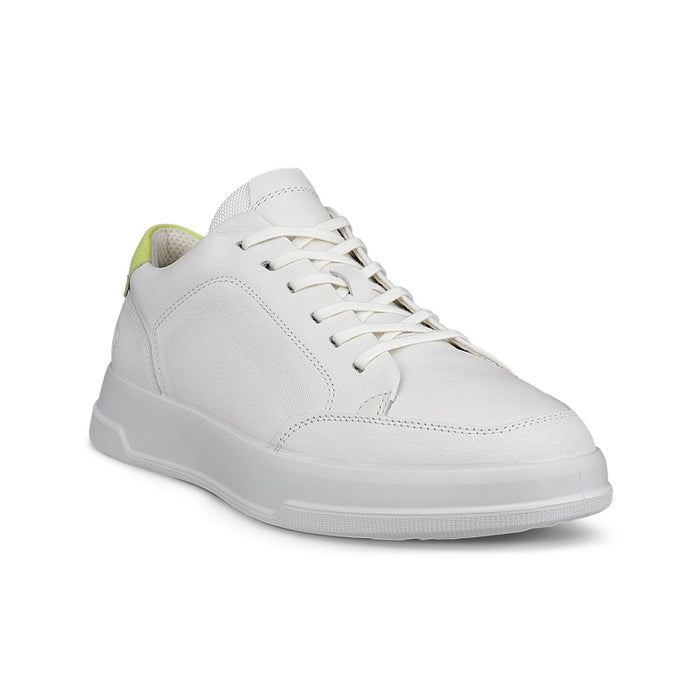 White leather low-top sneakers with lace-up front and padded collar