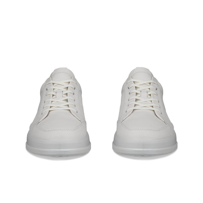 Pair of white lace-up sneakers with rounded toe and stitched panels