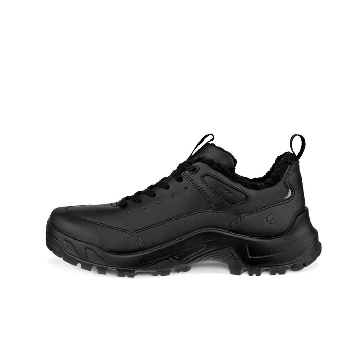 Men's black leather lace-up sneakers with cushioned collar and chunky rubber outsole
