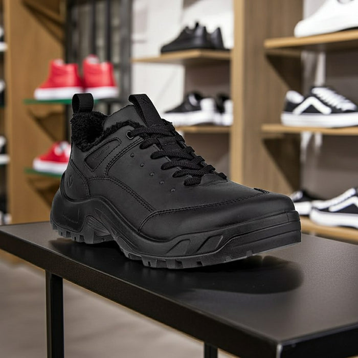 Men's black leather lace-up off-road sneakers with textured collar lining and treaded sole