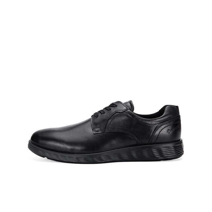 Black leather lace-up derby shoe, side profile, cushioned sole
