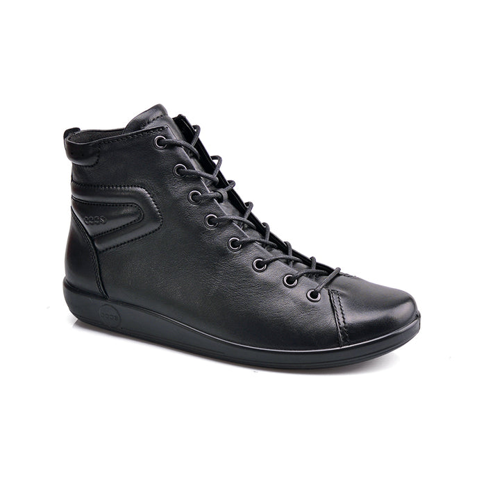 Black leather lace-up ankle boot with padded collar and side logo panel