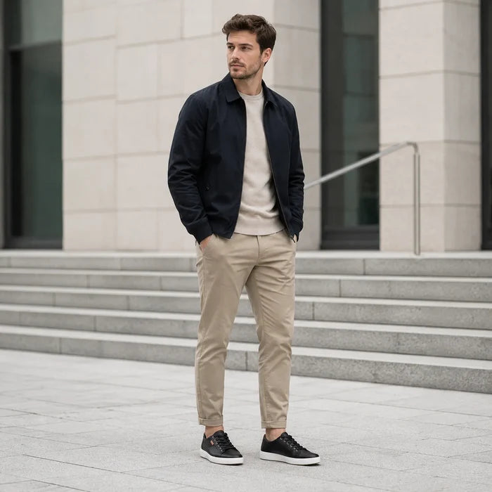 Men's black leather lace-up sneakers on feet with white midsoles.