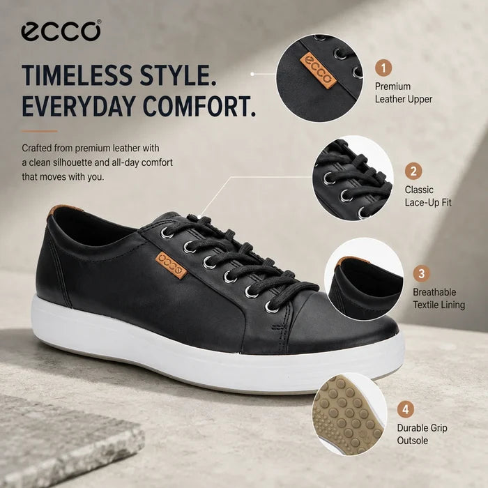 Men's black leather lace-up sneakers, padded collar and ECCO branding