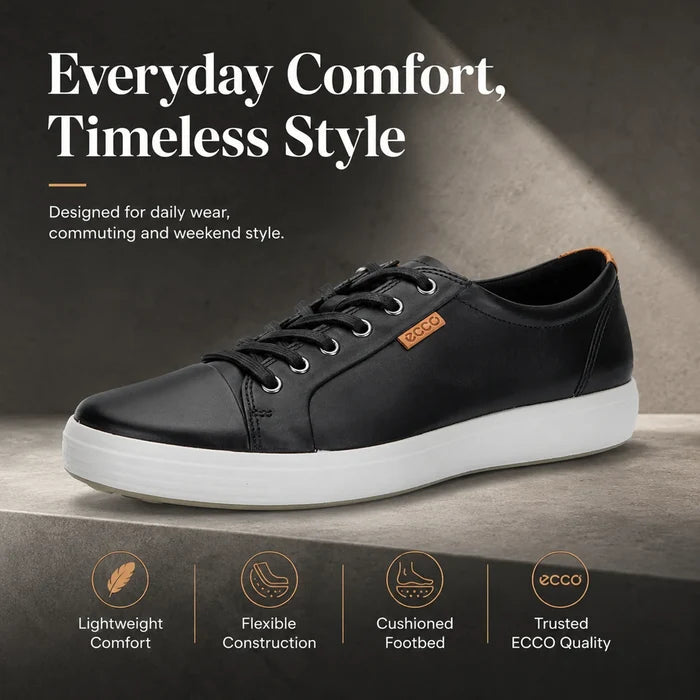 Men's black leather lace-up sneakers with white sole, ECCO logo on side