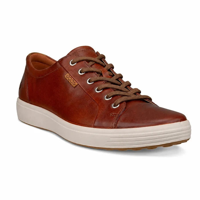 Men's brown leather lace-up sneakers with white cupsole and lace-up front.