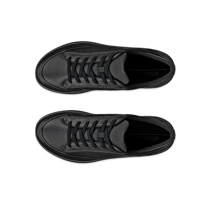 Men's black sneakers shown from above, lace-up vamp with logo detail