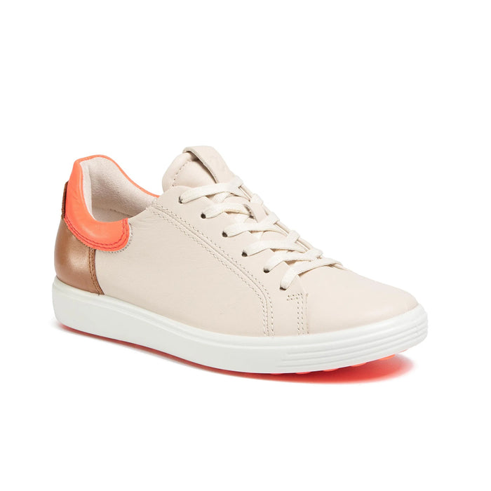 ECCO women’s leather sneakers with beige upper and orange trim, lace-up style