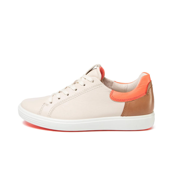 ECCO women’s leather sneakers, beige upper with tan side panel and orange collar