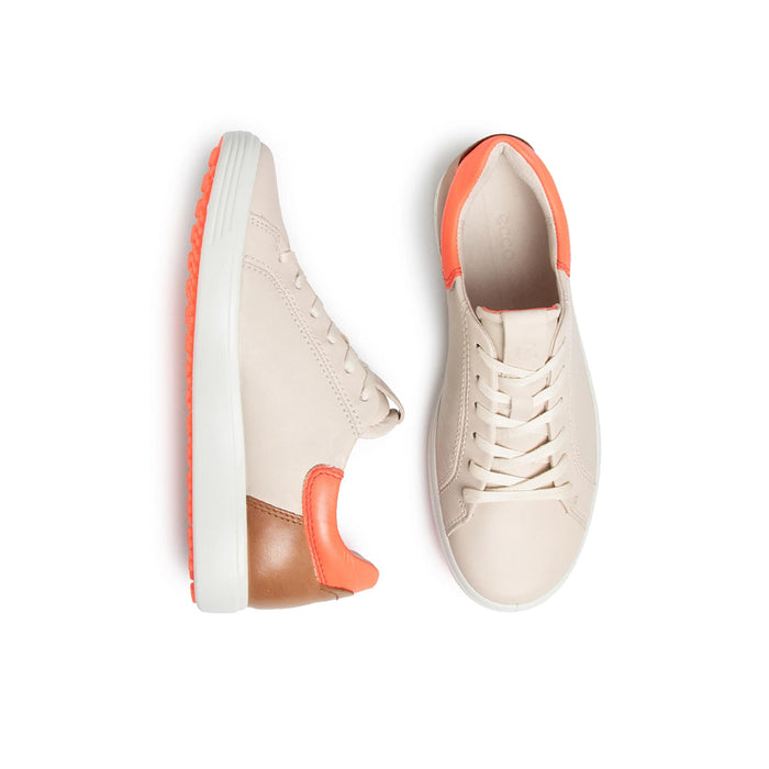 ECCO women’s leather sneakers pair, beige with tan side and orange heel trim