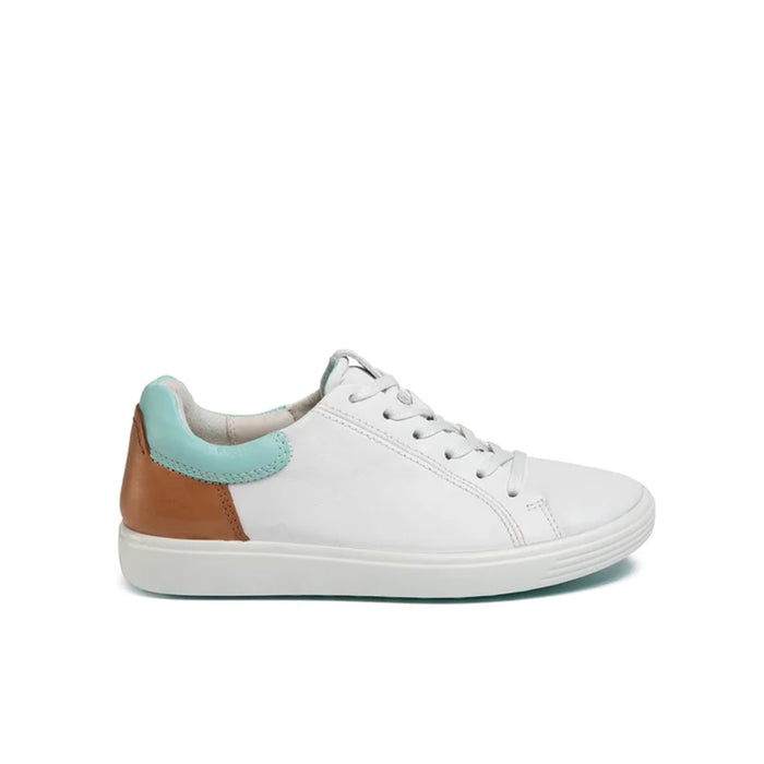 ECCO women’s leather sneakers with white upper, tan panel and mint collar, lace-up