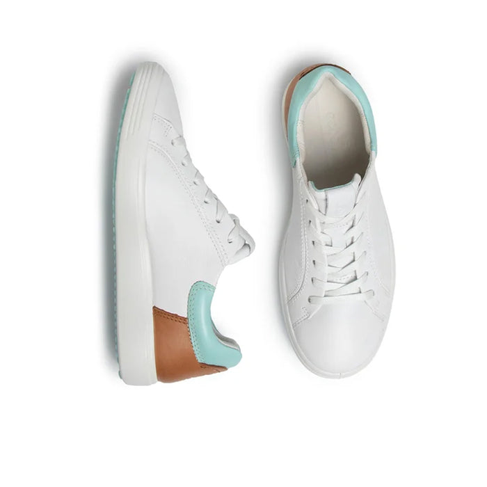 ECCO women’s leather sneakers pair, white uppers with mint collar and tan side