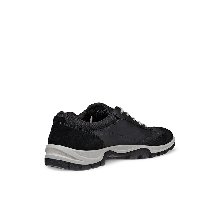 Black women's sneakers, heel side view, cushioned collar and grippy outsole