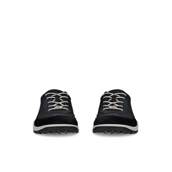 Black women's sneakers, front view, lace-up with low-profile rubber sole