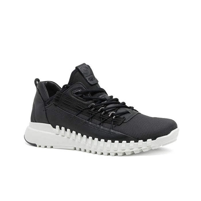 Men's black leather lace-up sneakers with zip detail and cushioned sole