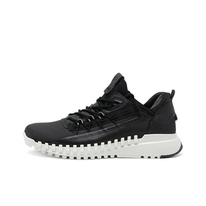Men's black leather sneakers, side view, with lace-up front and chunky tread sole