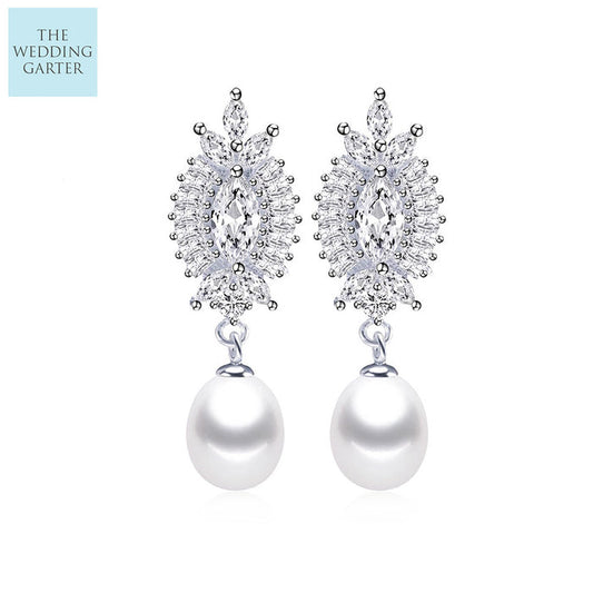 Elegant Big Crystal Drop Earrings Real Freshwater Pearl & Silver Earrings - The Wedding Garter