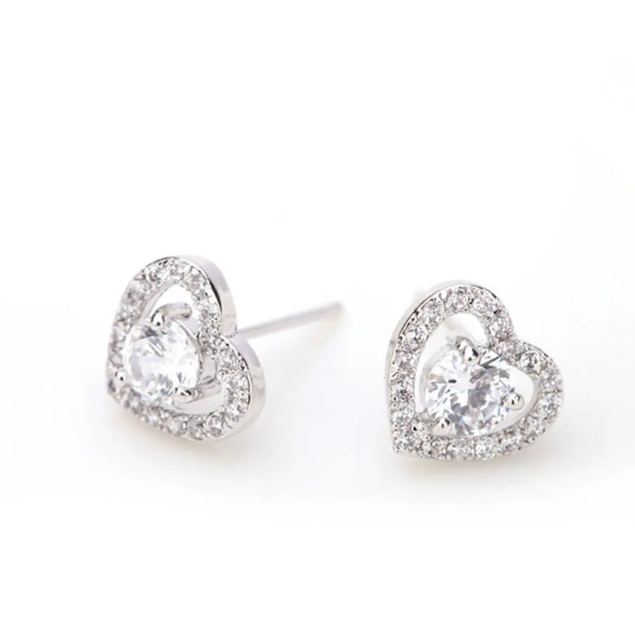 Elegant Cubic Zirconia Love Heart Women's Silver Stud Earrings - The Wedding Garter