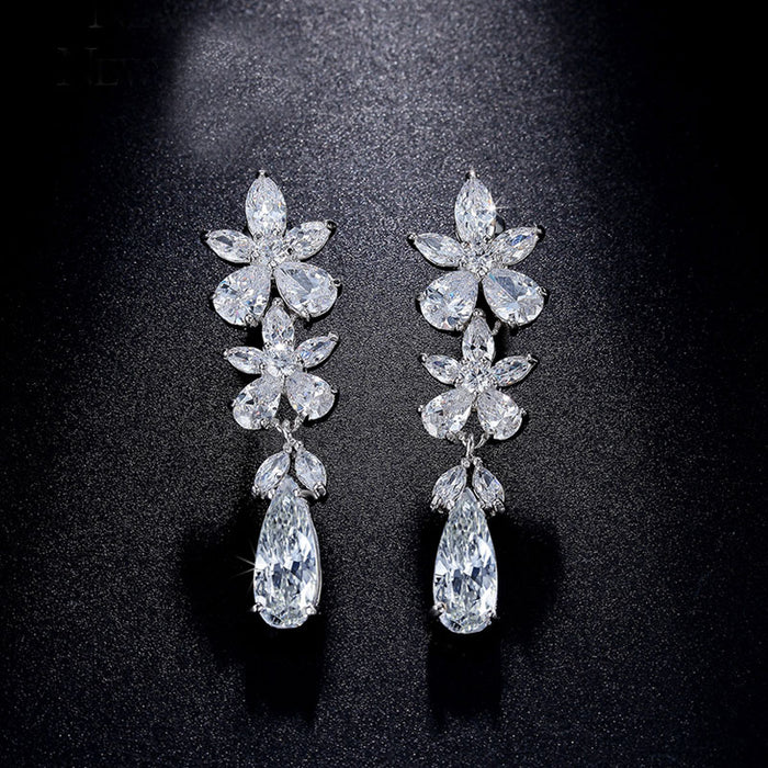 Elegant Floral Cubic Zirconia Drop Bridal Earrings - The Wedding Garter